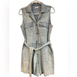 Faherty Denim Cotton/Hemp Sleeveless Indigo Washout 1/2 Button Romper w Belt Sm